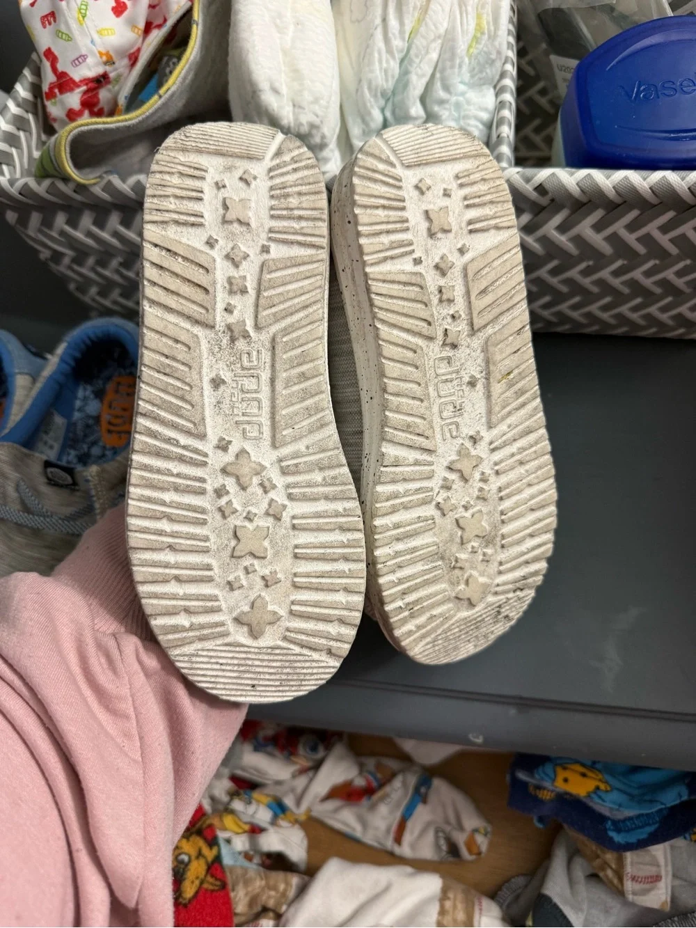 Hey Dude Kids Slip-On Moccasins in Beige with Blue Lining and Orange Accents